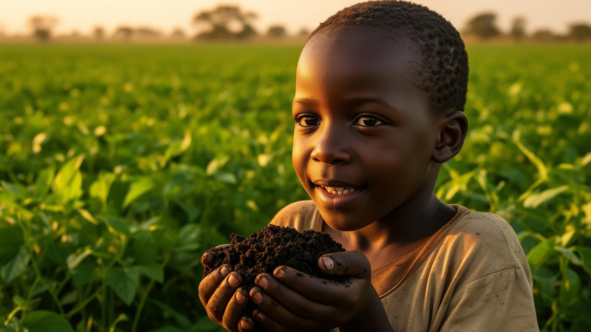 A young farmer holding healthy regenerated soil at golden hour