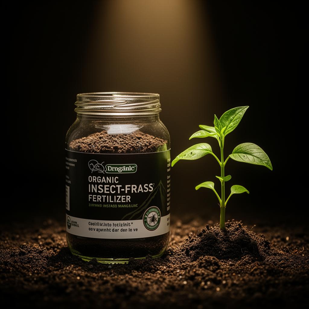Organic insect-frass fertilizer beside a seedling